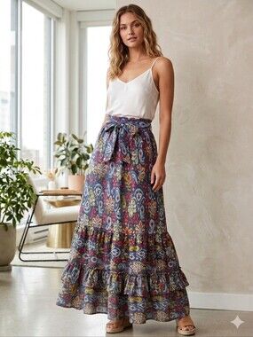 Anthropologie Edith Navy Paisley Maxi Skirt With Ruffle Hem & Tie